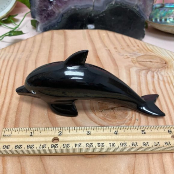 Large Black Onyx Crystal Dolphin Carving, Spirit Animal, Cute Decor, Fun Carving - Picture 3 of 4
